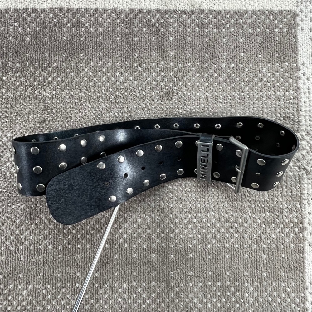 Minelli Womens‎ Black Faux Leather Triple Row Studded Wide Belt Silver Hardware